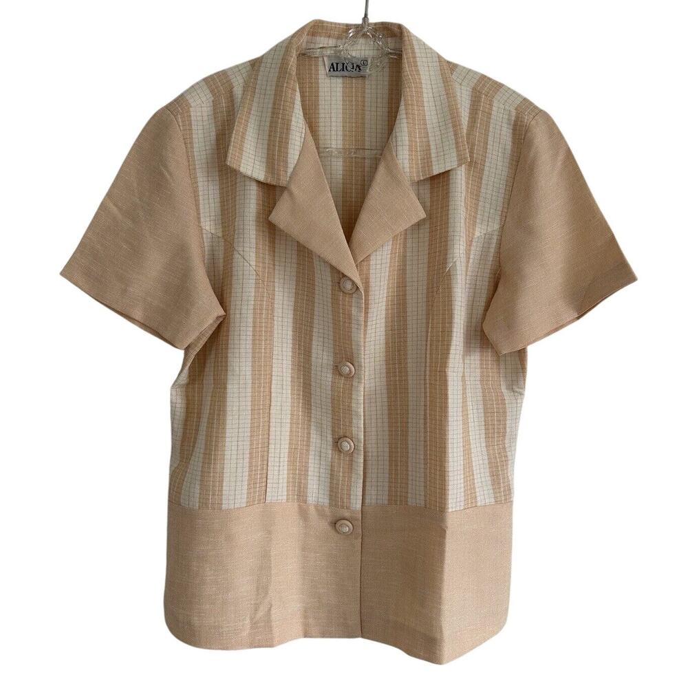 70s Gingham Blouse Covered Buttons By Alicia Striped Cream L Vintage